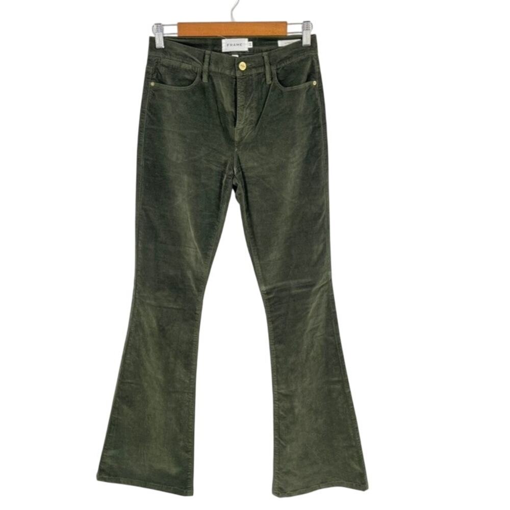 Frame Le High Flare Green Velvet Pants 26 Deep Moss